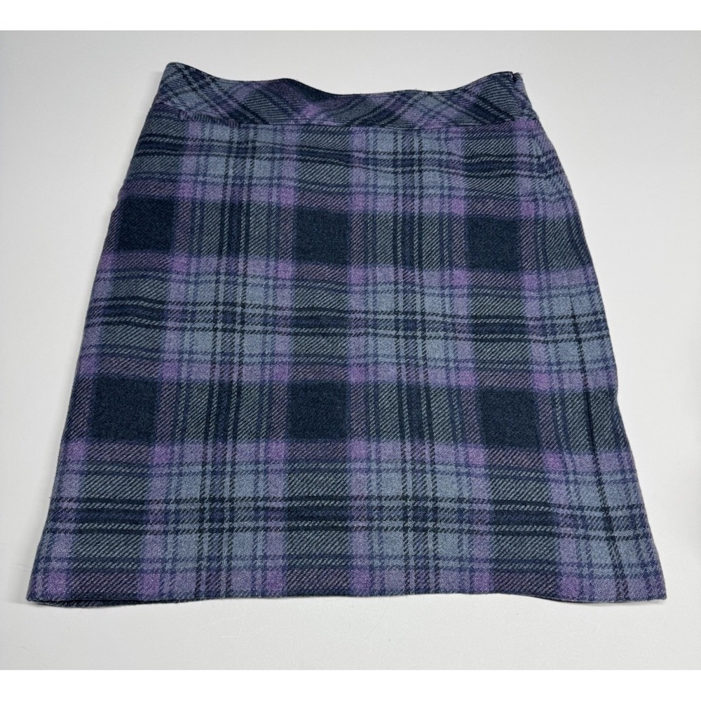 Vintage LL Bean Plaid Tartan blue Gray Purple Wool Blend Skirt Size 10R Academia